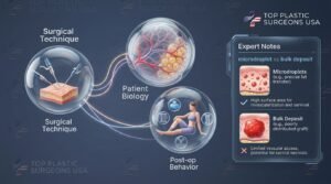 showing the 3 variables surgical technique + patient biology + post-op behavior