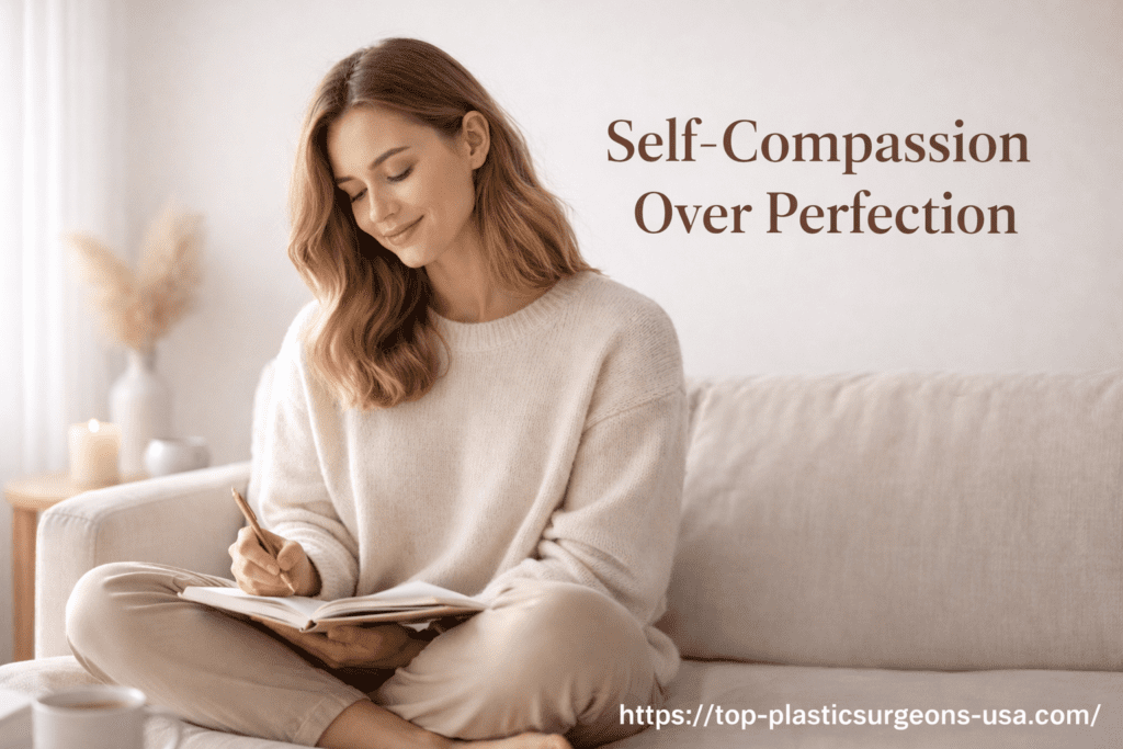 Woman practicing self-compassion by journaling in a peaceful minimalist environment, illustrating “Self-Compassion Over Perfection” with a clean, calming background.