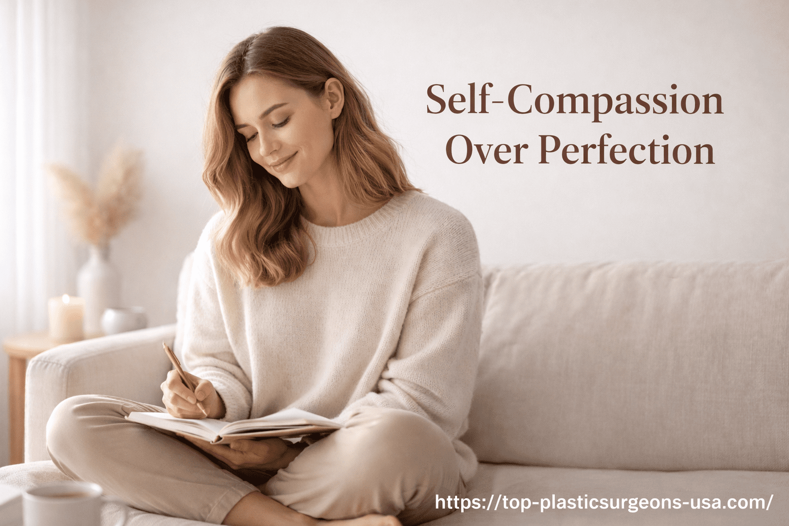 Woman practicing self-compassion by journaling in a peaceful minimalist environment, illustrating “Self-Compassion Over Perfection” with a clean, calming background.